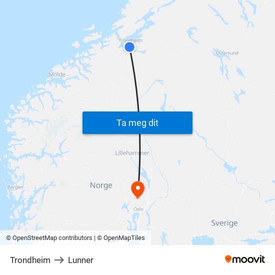 Trondheim to Lunner map