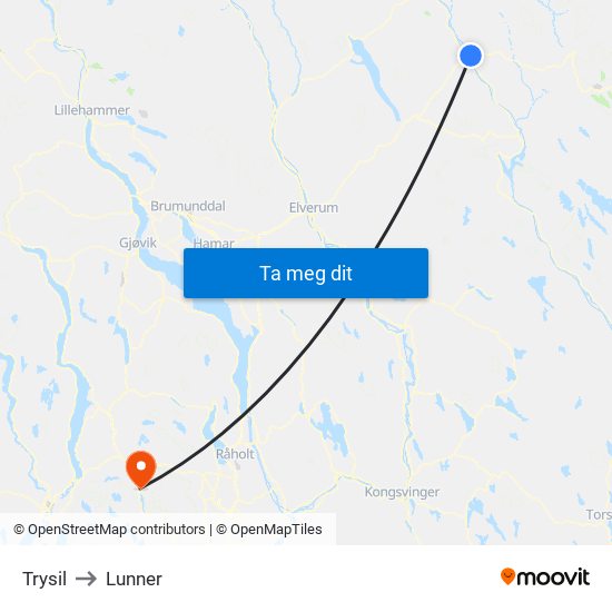 Trysil to Lunner map