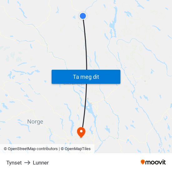 Tynset to Lunner map