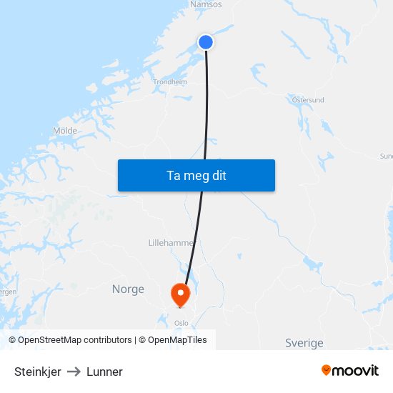 Steinkjer to Lunner map