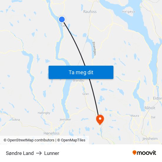 Søndre Land to Lunner map