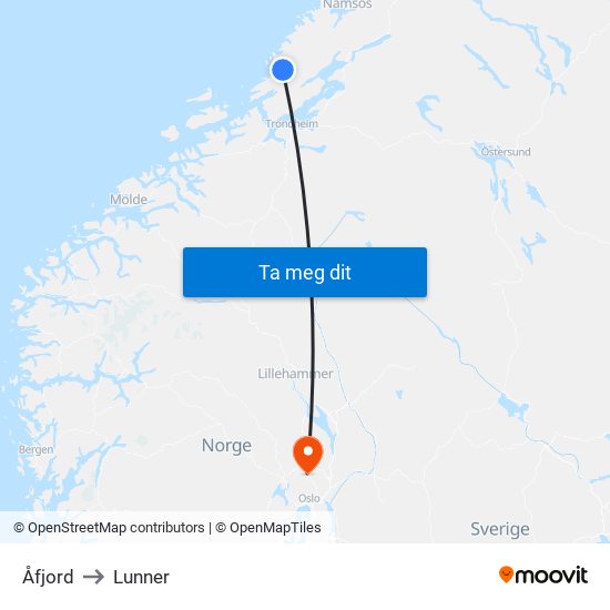 Åfjord to Lunner map