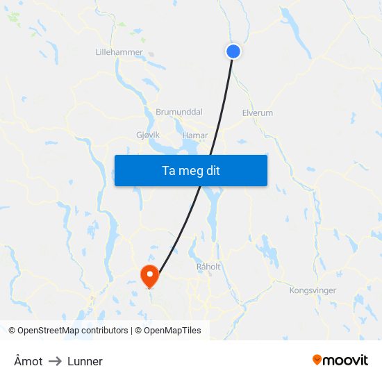 Åmot to Lunner map