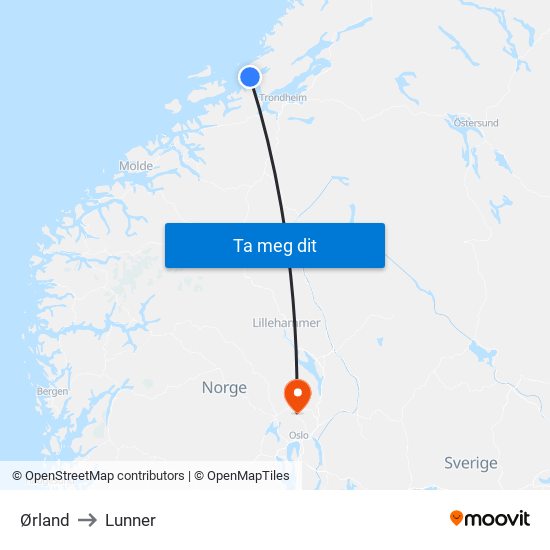 Ørland to Lunner map