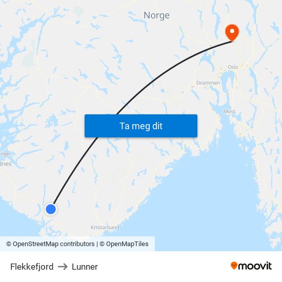 Flekkefjord to Lunner map