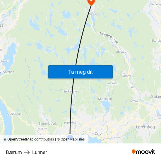 Bærum to Lunner map