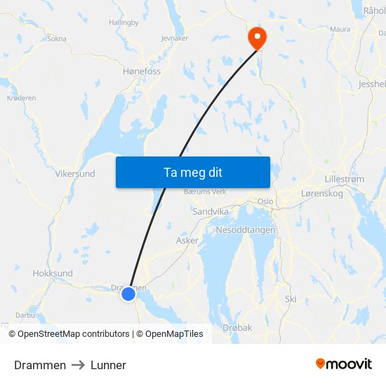 Drammen to Lunner map