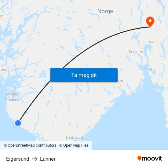 Eigersund to Lunner map