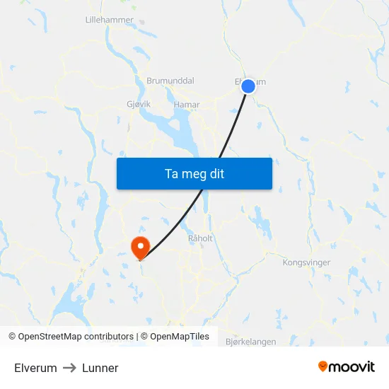 Elverum to Lunner map