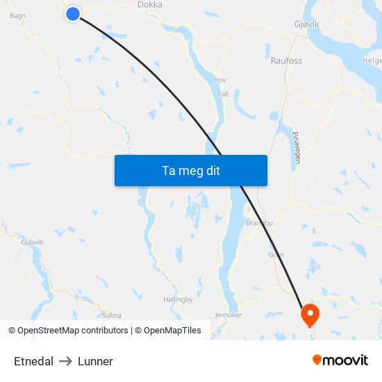 Etnedal to Lunner map