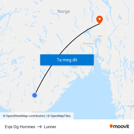 Evje Og Hornnes to Lunner map