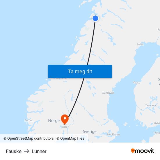 Fauske to Lunner map