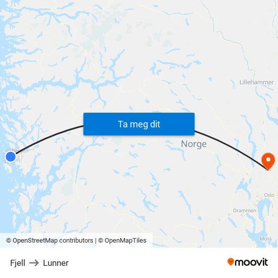 Fjell to Lunner map