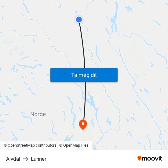 Alvdal to Lunner map