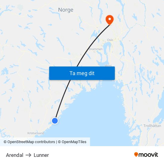 Arendal to Lunner map
