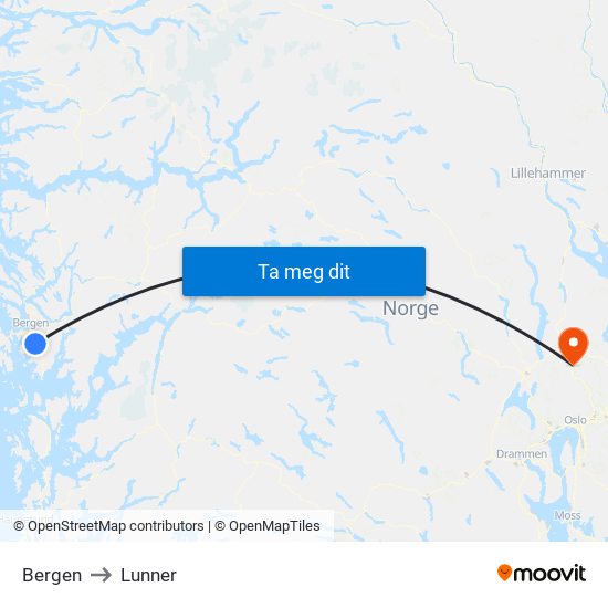 Bergen to Lunner map