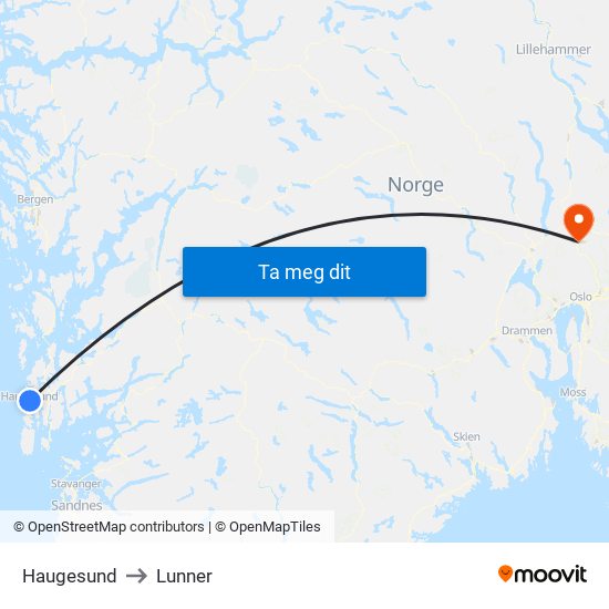 Haugesund to Lunner map