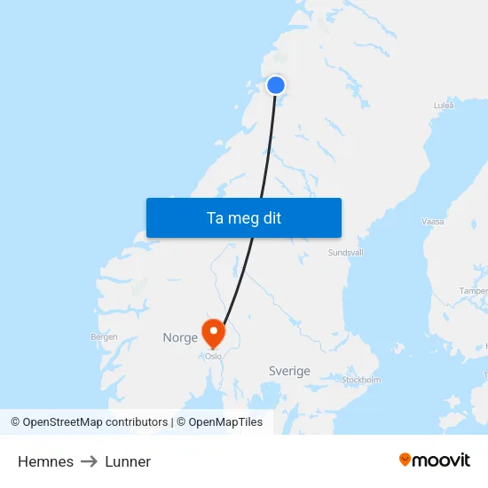 Hemnes to Lunner map