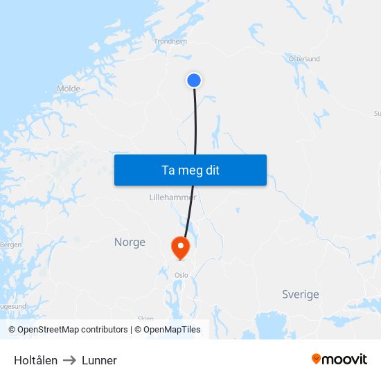 Holtålen to Lunner map