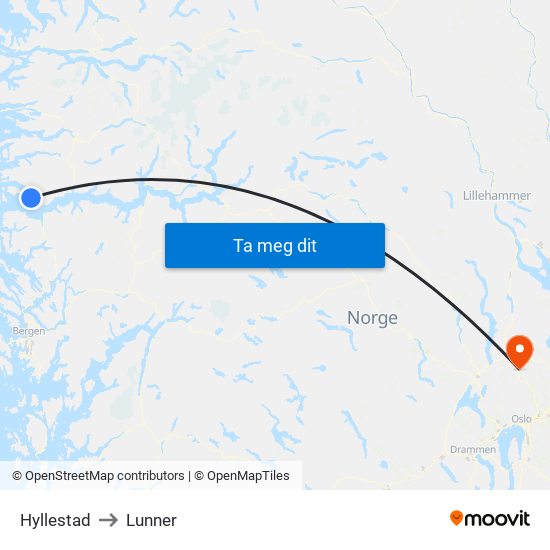 Hyllestad to Lunner map