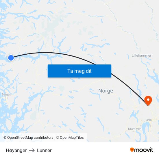Høyanger to Lunner map