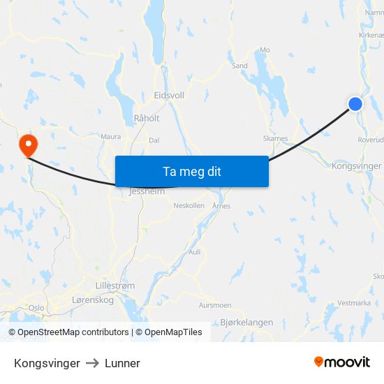 Kongsvinger to Lunner map