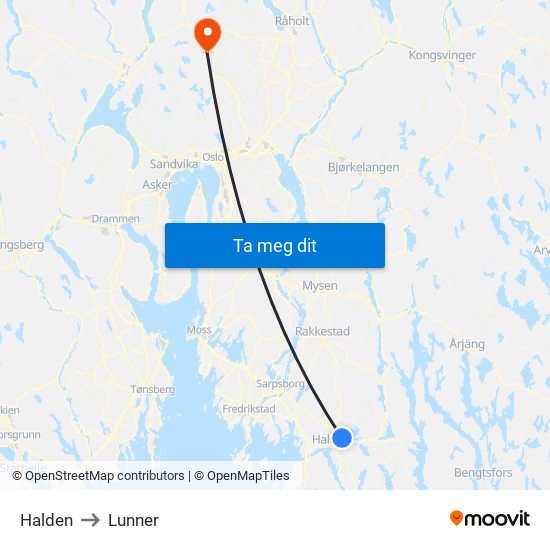 Halden to Lunner map