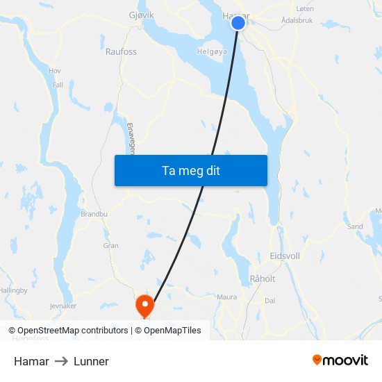 Hamar to Lunner map