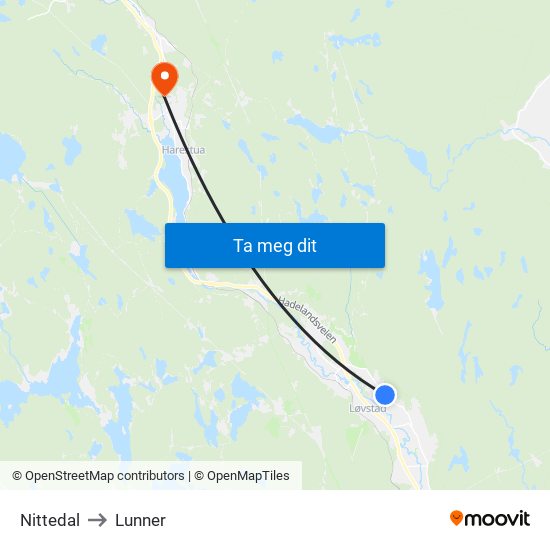 Nittedal to Lunner map