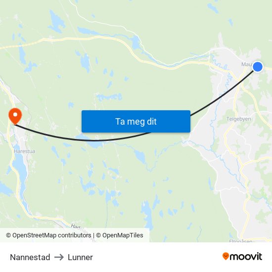 Nannestad to Lunner map