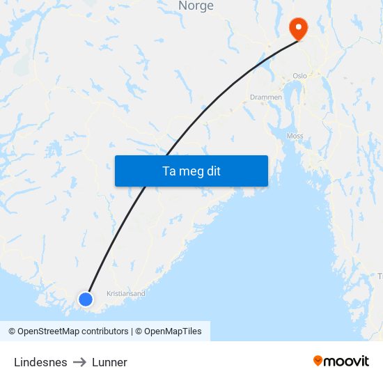 Lindesnes to Lunner map