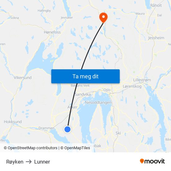 Røyken to Lunner map