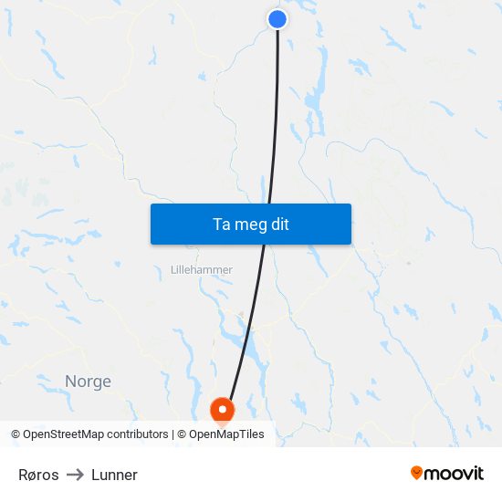 Røros to Lunner map