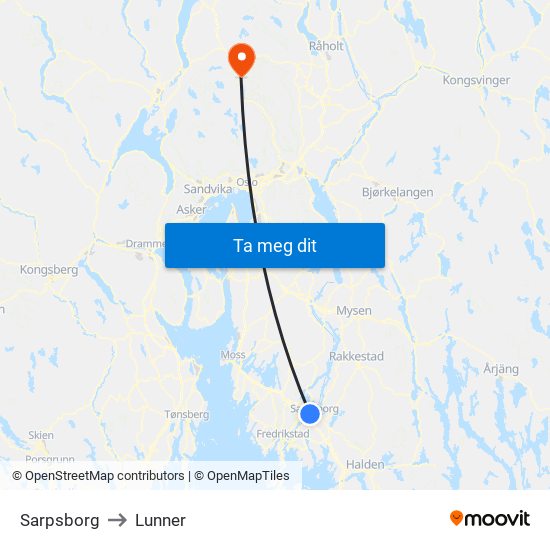 Sarpsborg to Lunner map
