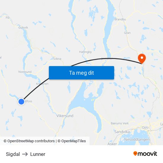 Sigdal to Lunner map