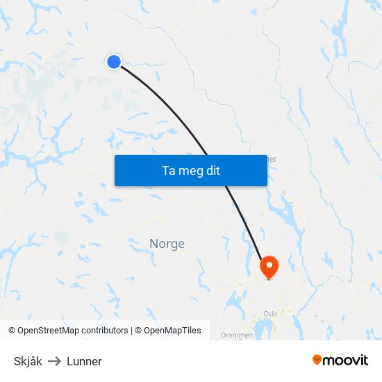 Skjåk to Lunner map