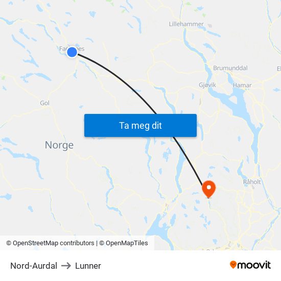 Nord-Aurdal to Lunner map