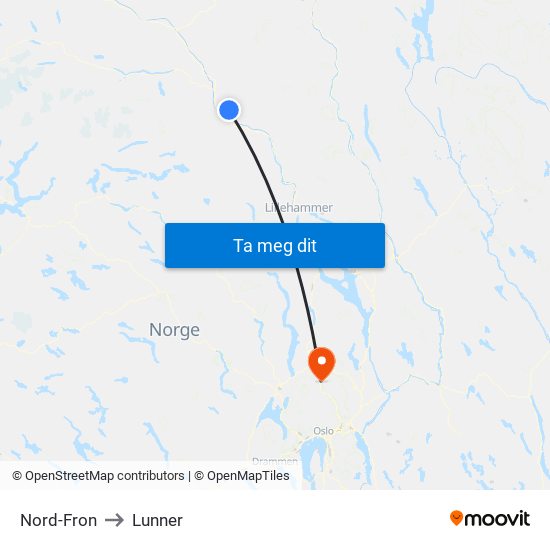 Nord-Fron to Lunner map