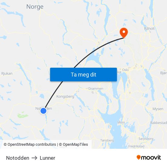 Notodden to Lunner map