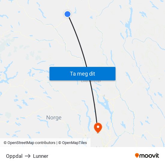 Oppdal to Lunner map