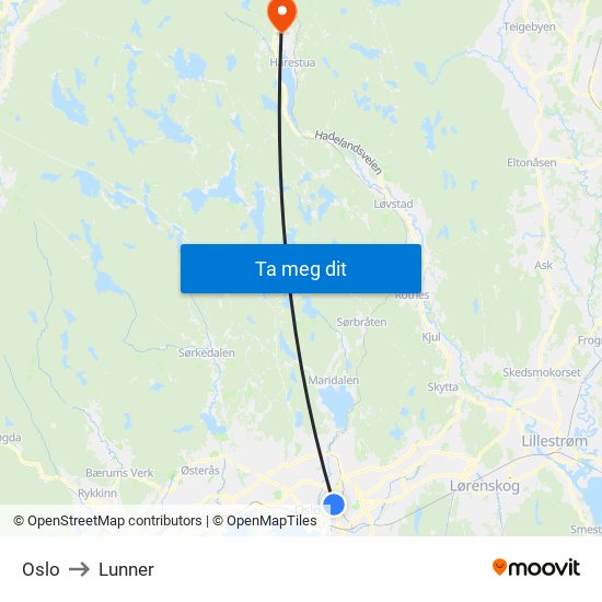 Oslo to Lunner map
