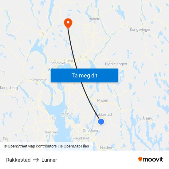 Rakkestad to Lunner map