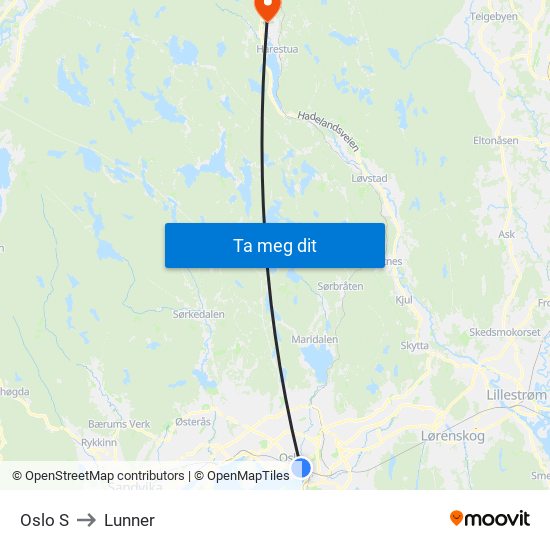 Oslo S to Lunner map