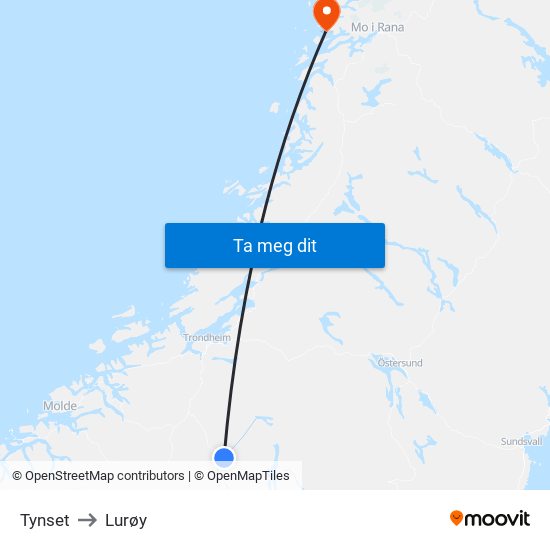 Tynset to Lurøy map