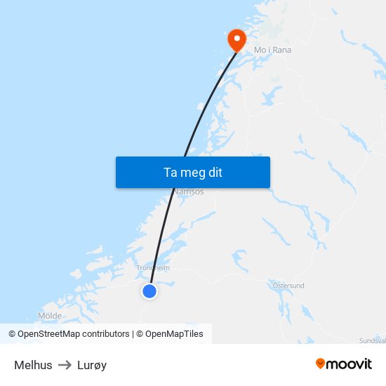 Melhus to Lurøy map