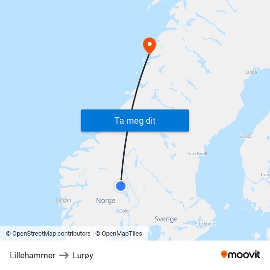 Lillehammer to Lurøy map