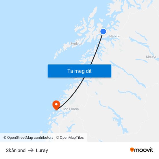 Skånland to Lurøy map