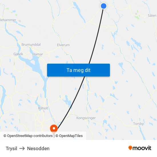 Trysil to Nesodden map