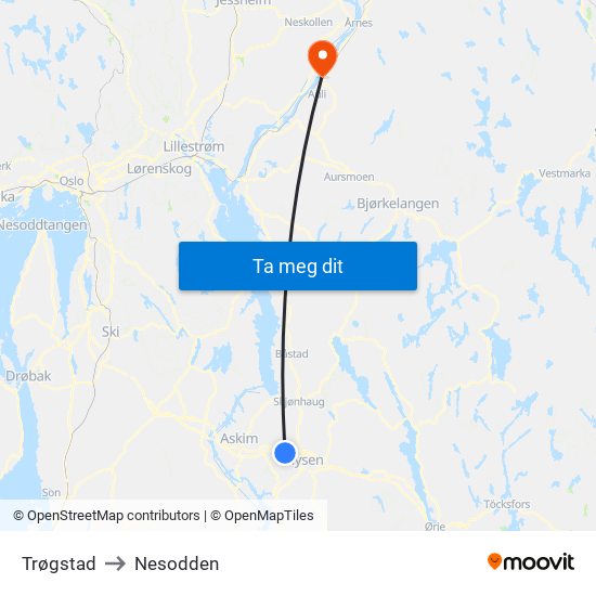 Trøgstad to Nesodden map