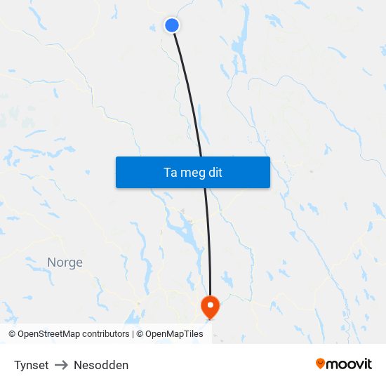 Tynset to Nesodden map